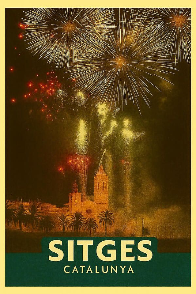 Póster vintage de Sitges, Catalunya: Fuegos artificiales sobre la iglesia de La Punta