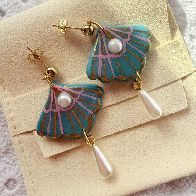 Turquoise Seashell Pearl Dangly Earrings