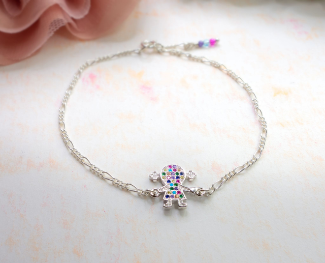 Pulsera abalorio niña de cadenas en plata 925 con circonitas multicolor.
