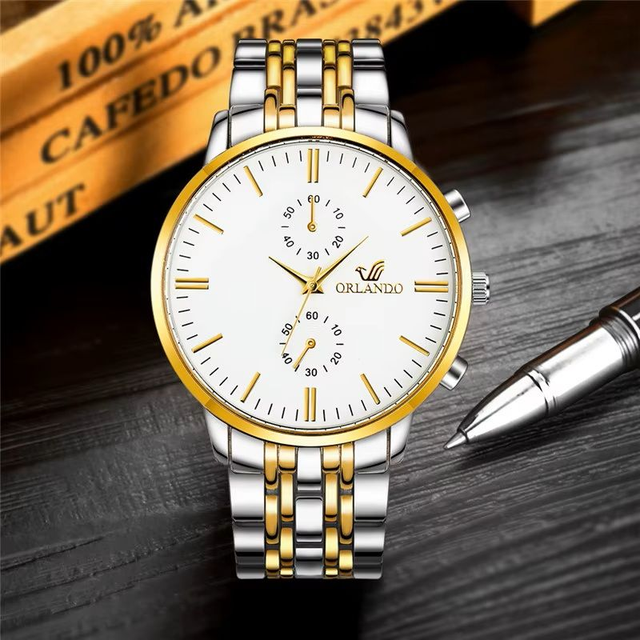 montre à Quartz pour hommes fond blanc bracelet en acier inoxydable