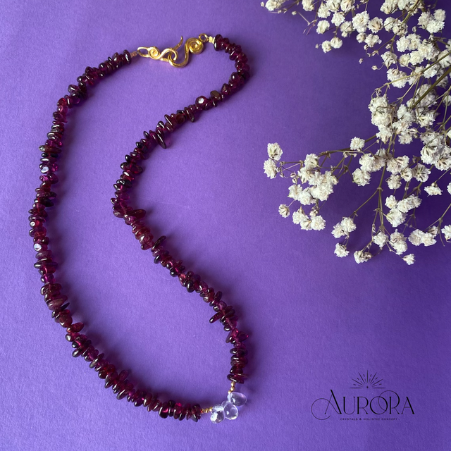 Granat Rhodolith Kette Gold, Bergkristall *Unikat