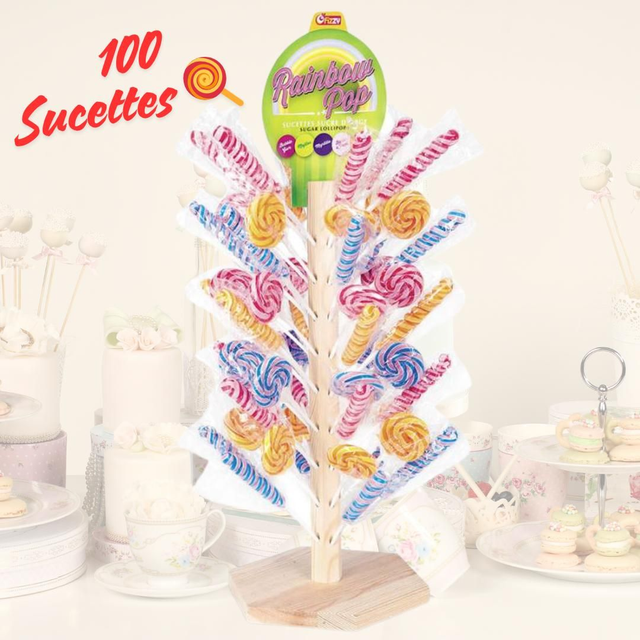 100 Sucettes 🍭 Rainbaw (Style Fête Foraine) + Présentoir 