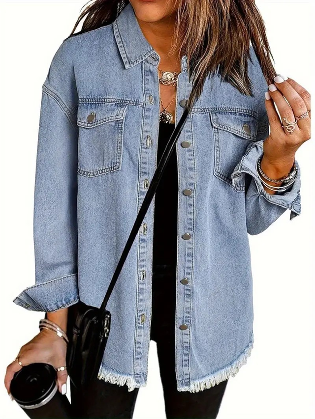 Women'S Casual Denim Jacket with Fringe Detail