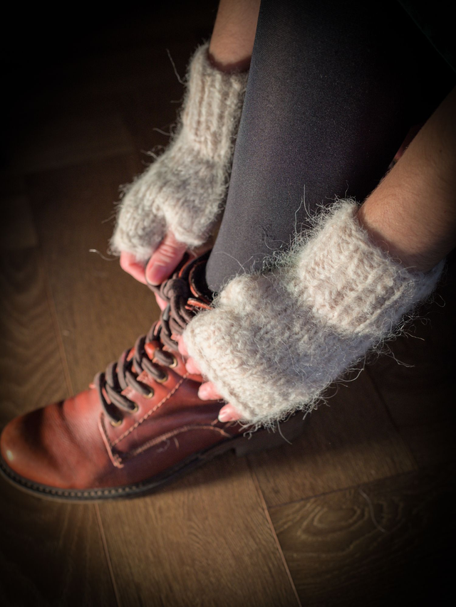 Mitaines Beige alpaga et mérinos et soie tricotées à la main en France