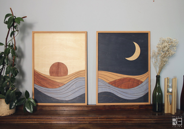 "Dzień i noc". Zestaw Drewnianych Obrazów Boho