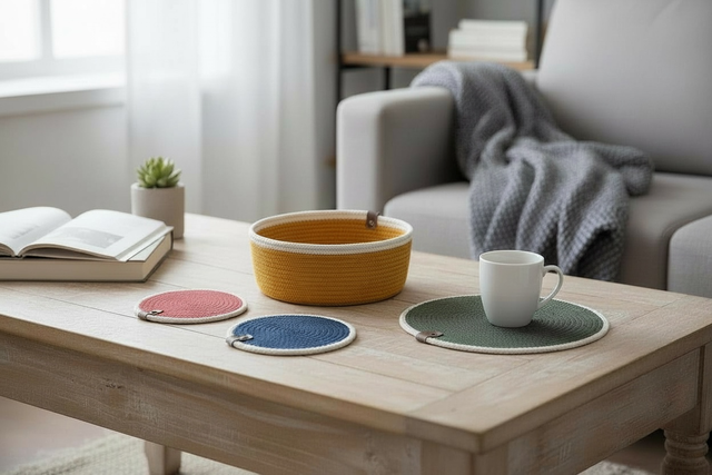 Assortiment cadeau panier, dessous de plat et dessous de bouteille en corde de coton