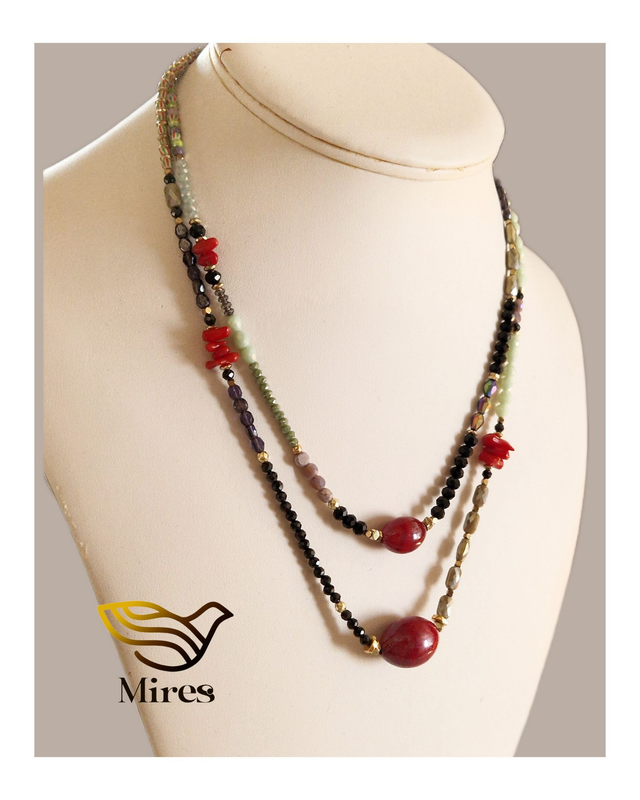 Collier double avec perles au verre soufflé rouge, Collier pour femme, Collier original pièce unique 