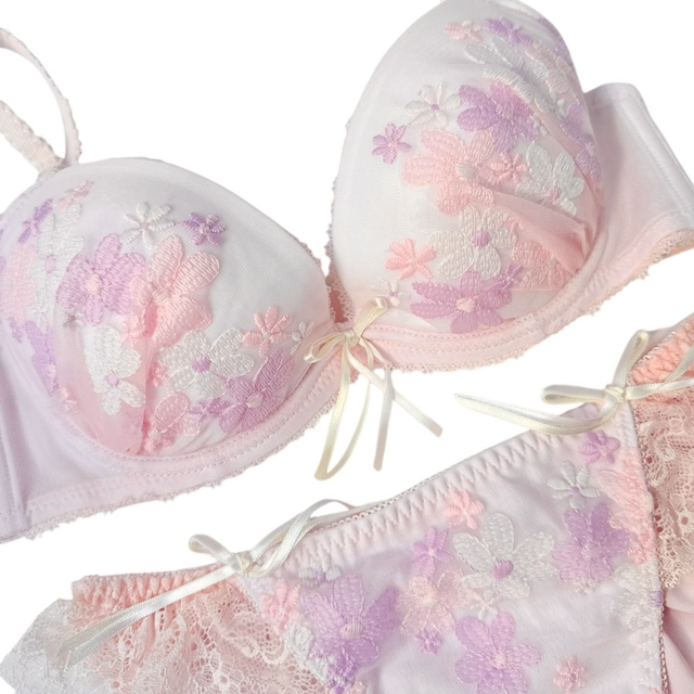 pink floral embroidered Japanese Bra + Underwear Set UK 32B   