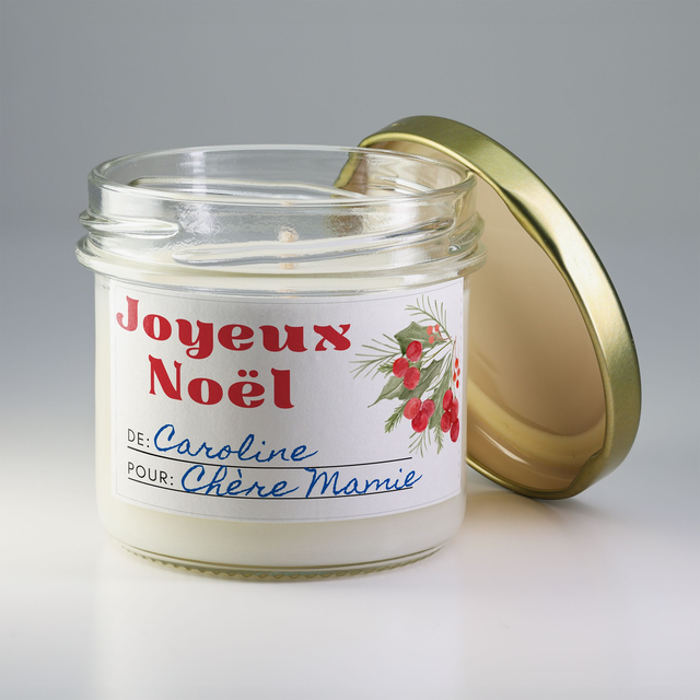 Bougie artisanale parfumée en cire de soja avec étiquette personnalisée - Cadeau pour Noël, Nouvel An, Fêtes de fin d'année, 100g (CJN03)