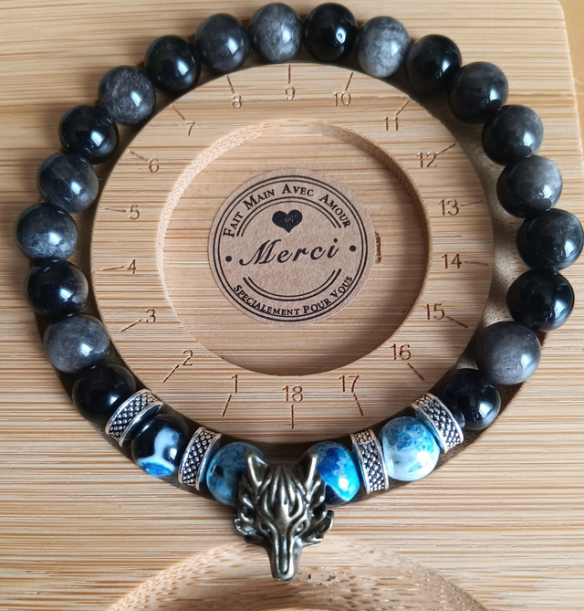 Bracelet homme – Obsidienne argentée &amp; agate bleue 