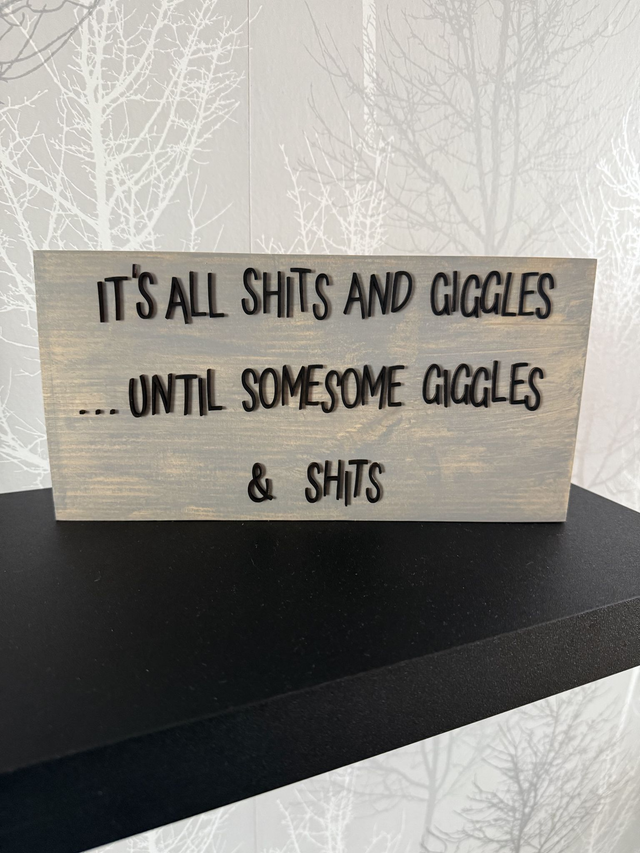 Handmade sign ‘it’s all shits and giggles until someone giggles and shits’ freestanding sign