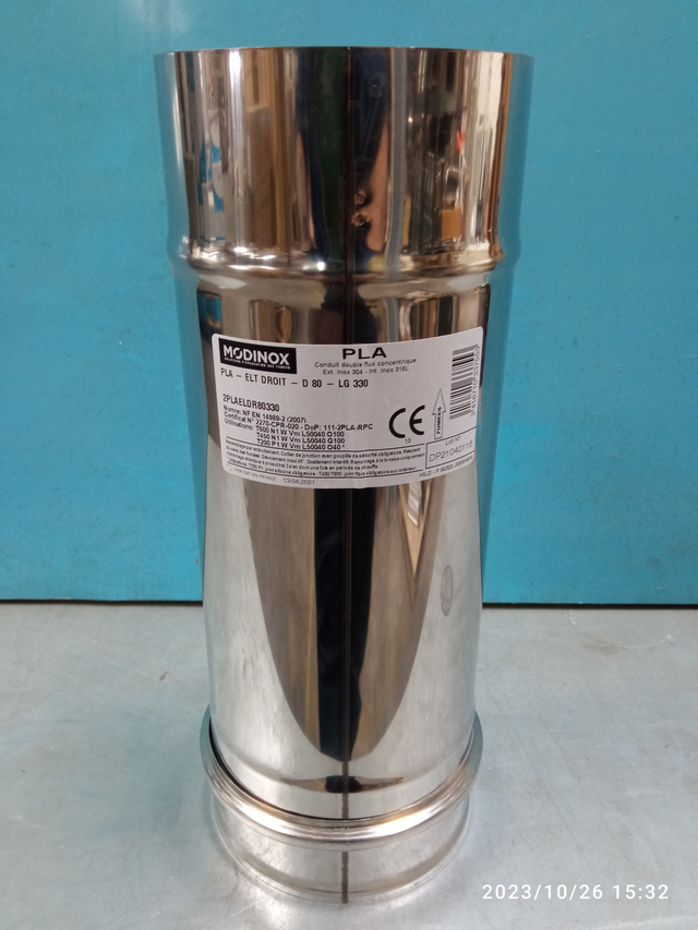 PLA - Élément droit avec collier INOX D80 330 mm - 2PLAELDR80330 