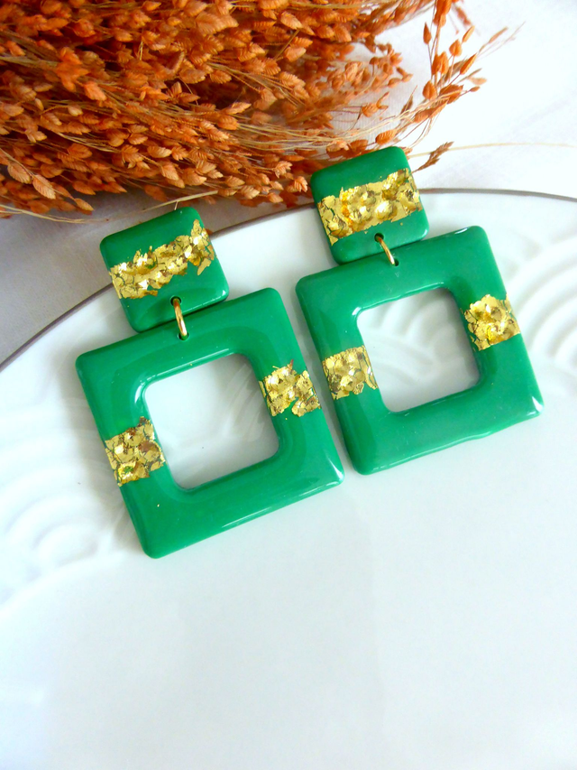 Boucles d&#039;oreilles carrées vertes - Nuit dorée