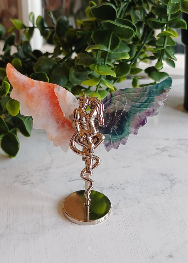 Fire Quartz & Fluorite Angel and Demon Lover Wings on Stand