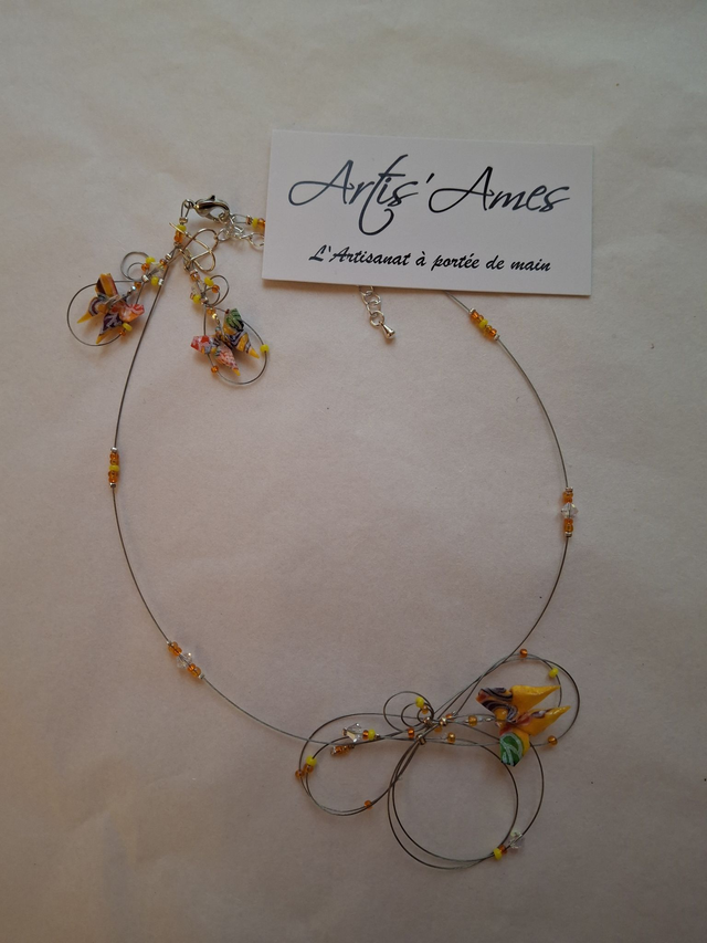 Parure collier et boucles d'oreilles Papillon orange / rouge