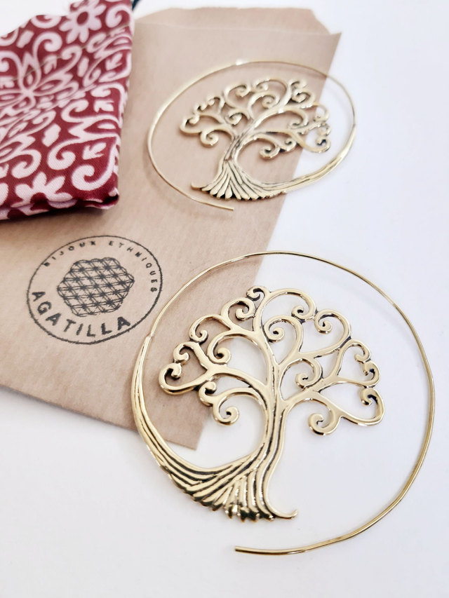 GRANDES BOUCLES D&#039;OREILLES ARBRE DE VIE DORÉ ZEN 
