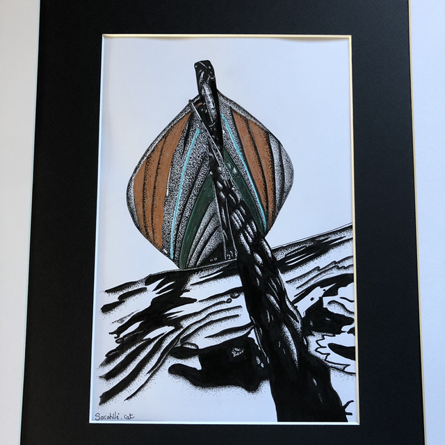 Bateau &amp; cordage en mer - 44 x 54 cm - encadrement noir