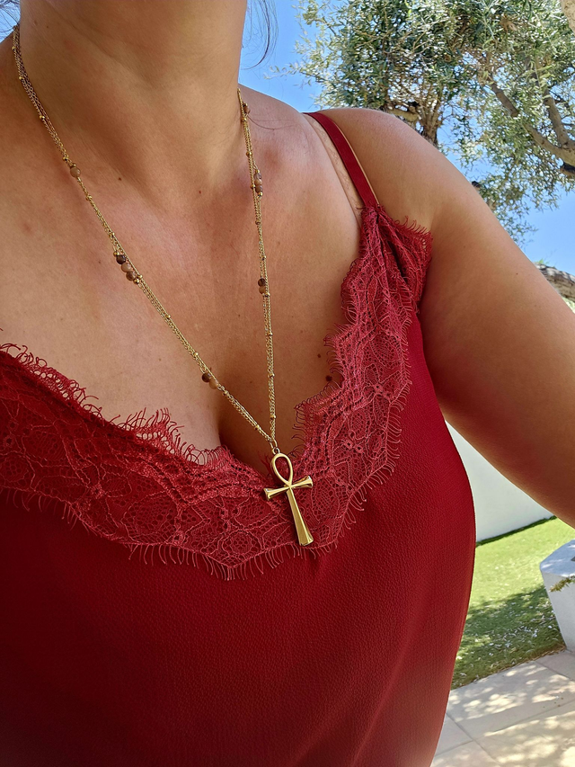 Sautoir Doré ANKH "Pierre de Lune" &amp; Croix Egyptienne – Bijou lithothérapie