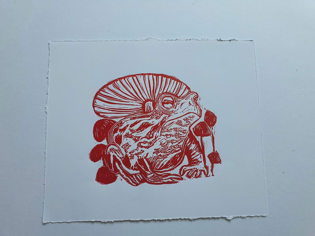 Red toad linocut print