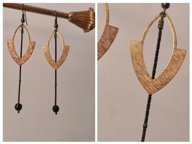 Boucles d&#039;oreilles dorées chaine noire acier inoxydable doré -sans nickel,pièce unique 