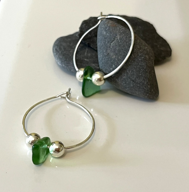 Sea Light: Recycled Sterling Silver Hoop Earrings with Green Sea Glass