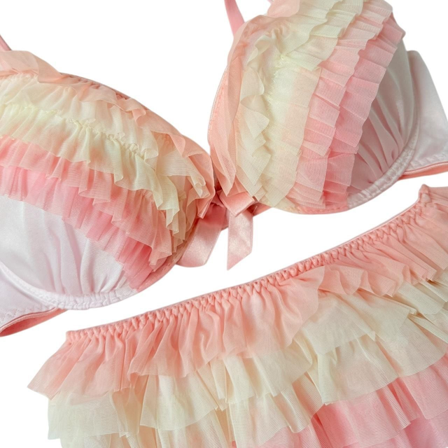 Pink multicolour frill Japanese Bra and Underwear set UK 32D, 34D