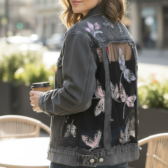 Veste en jean customisée dentelle papillon 42