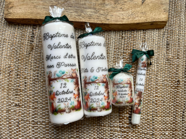 Bougie baptême personnalisée cadre animaux de la forêt
