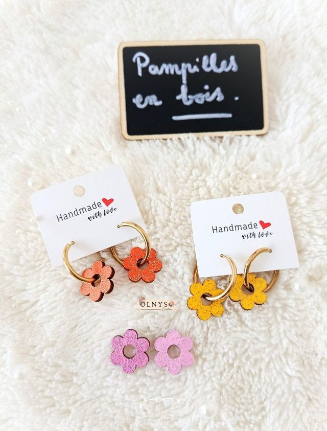 Créoles avec pampilles interchangeables en bois / Boucles d'oreilles fantaisies