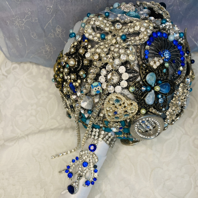 Bridal Brooch Jewel Bouquet in Blue and Silver Shades with Vintage and Repurposed Jewellery. Handcrafted and Unique
