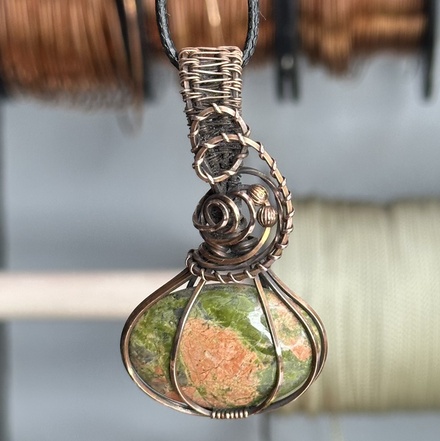 Unakite Jasper pure copper wire wrapped pendant 