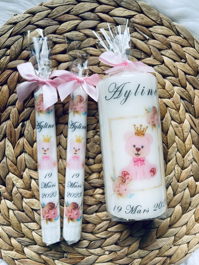 Bougie baptême naissance communion personnalisée ours rose couronne fleurs