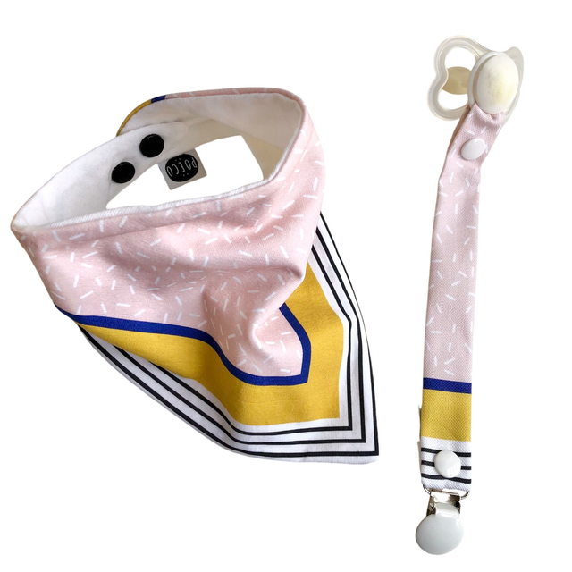 Coffret bavoir bandana + attache tétine - jaune, bleu et jaune