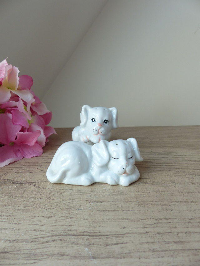 Vintage Salière et Poivrière, couple de chiens en céramique blanche, décor cuisine années 1970 - 80