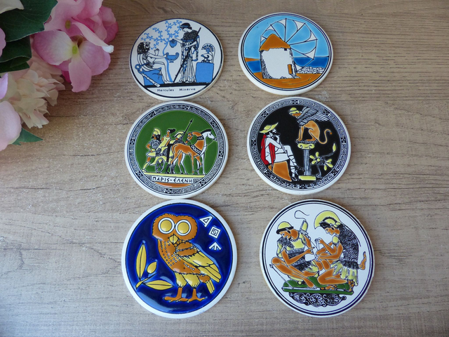 Lot de 6 sous-verres en céramique Tassoulis et Ariadne Fait Main en Grèce, Souvenirs de Grèce Décoration Bar Bistrot, Collection Chouettes