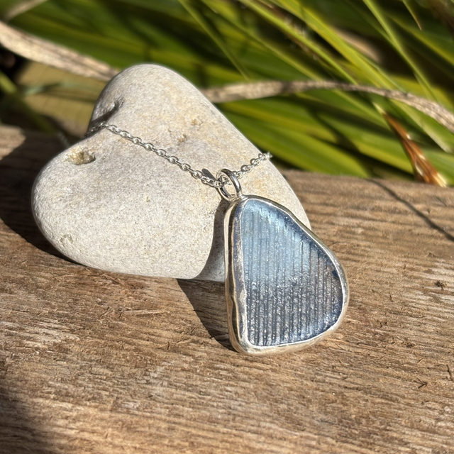 Blue Patterned Seaglass & Recycled Silver Necklace 