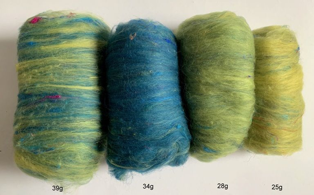 Merino &amp; Bling Luxury Art Batts for Spinning or Felting - Mini Batt Set - Teal, Lt Green, Dk Yellow