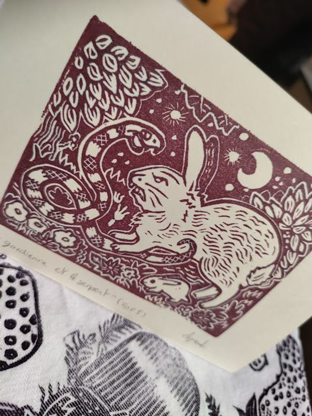 Linogravure/tampon " la gardienne et le serpent" lapins sauvage format 10X14.5 cm