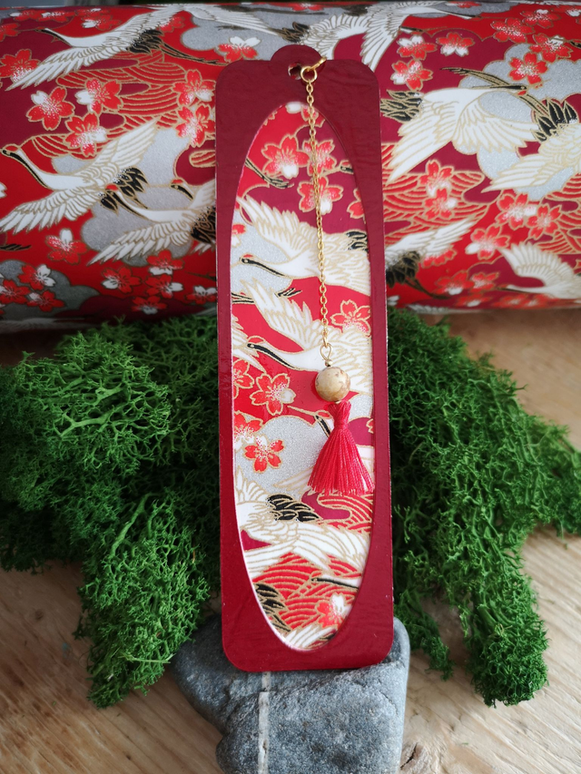 Marque page - japonais - papier - washi - vol de grues - perles - jaspe - pompon - La&amp;Titia