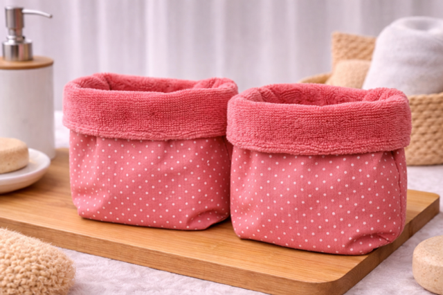 Panière de rangement en coton et éponge bambou modèle « polka rose »