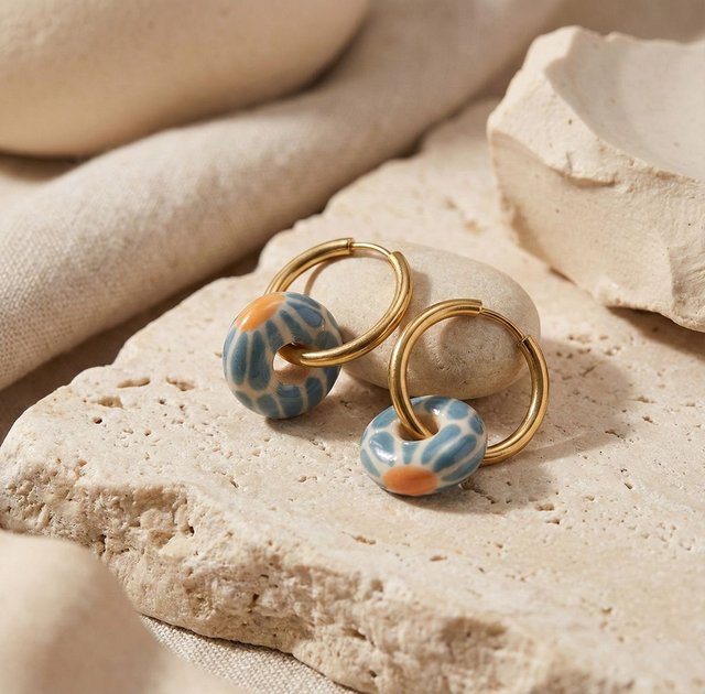 Turquoise Flower Thick Hoop Ceramic Earrings