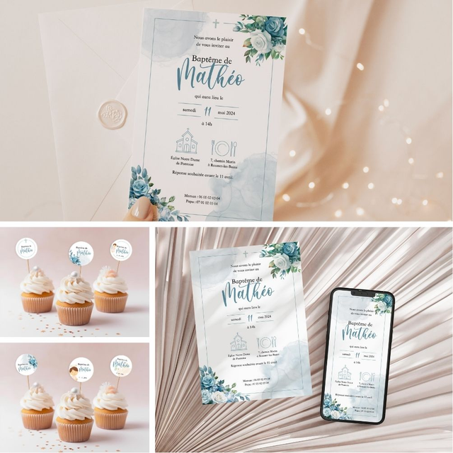 Kit numérique Baptême Fleurs & Blush bleu