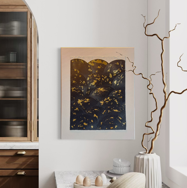 Bleu nuit dorée - art abstrait épuré et texturé - feuille d'or