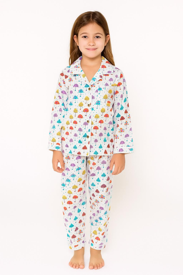 Pyjama fille 7/8 ans blanc – Motif parapluies colorés