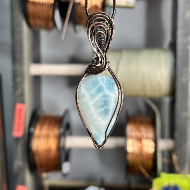 Larimar pure copper wrapped pendant 