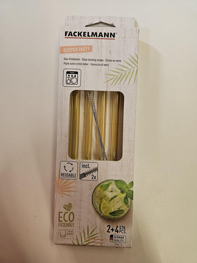 Fackelmann Glas-Strohhalme – 4 Stück | ca. 220 mm | Ø 5 mm | Wiederverwendbar inkl. 2 Reinigungsbürsten