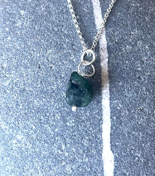 May - Emerald birthstone necklace - raw &amp; threaded with sterling silver