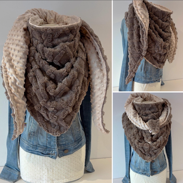 Maxi chèche, châle , écharpe « Happy Elisa Beige foncé » doublée en polaire crème