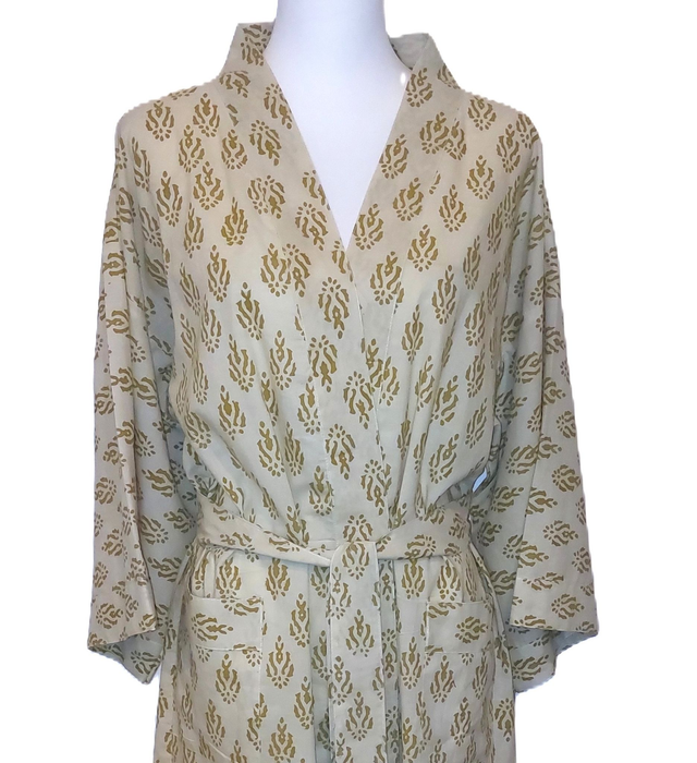 Robe kimono en coton - Peignoir, robe de chambre - Imprimé à la main - Or et blanc - L100cm et L120cm 