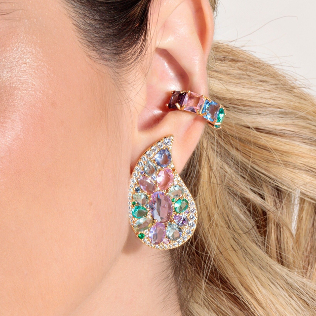 Brinco Gota Colorido Cravejado Pedras Irregulares - Ouro
